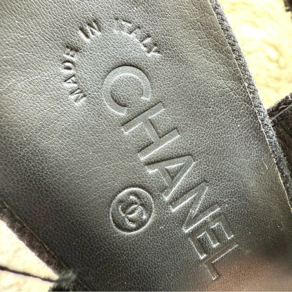 CHANEL Authentic Sandals Canvas Black Gold Color Coco Wedges Size 40 EU or 10 US